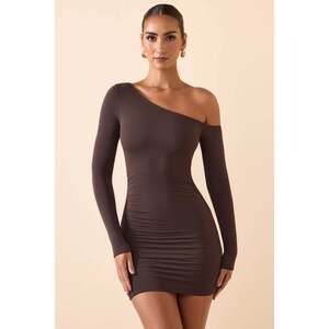 Oh Polly Modal Off-Shoulder Ruched Mini Dress in Chocolate Brown Size XS